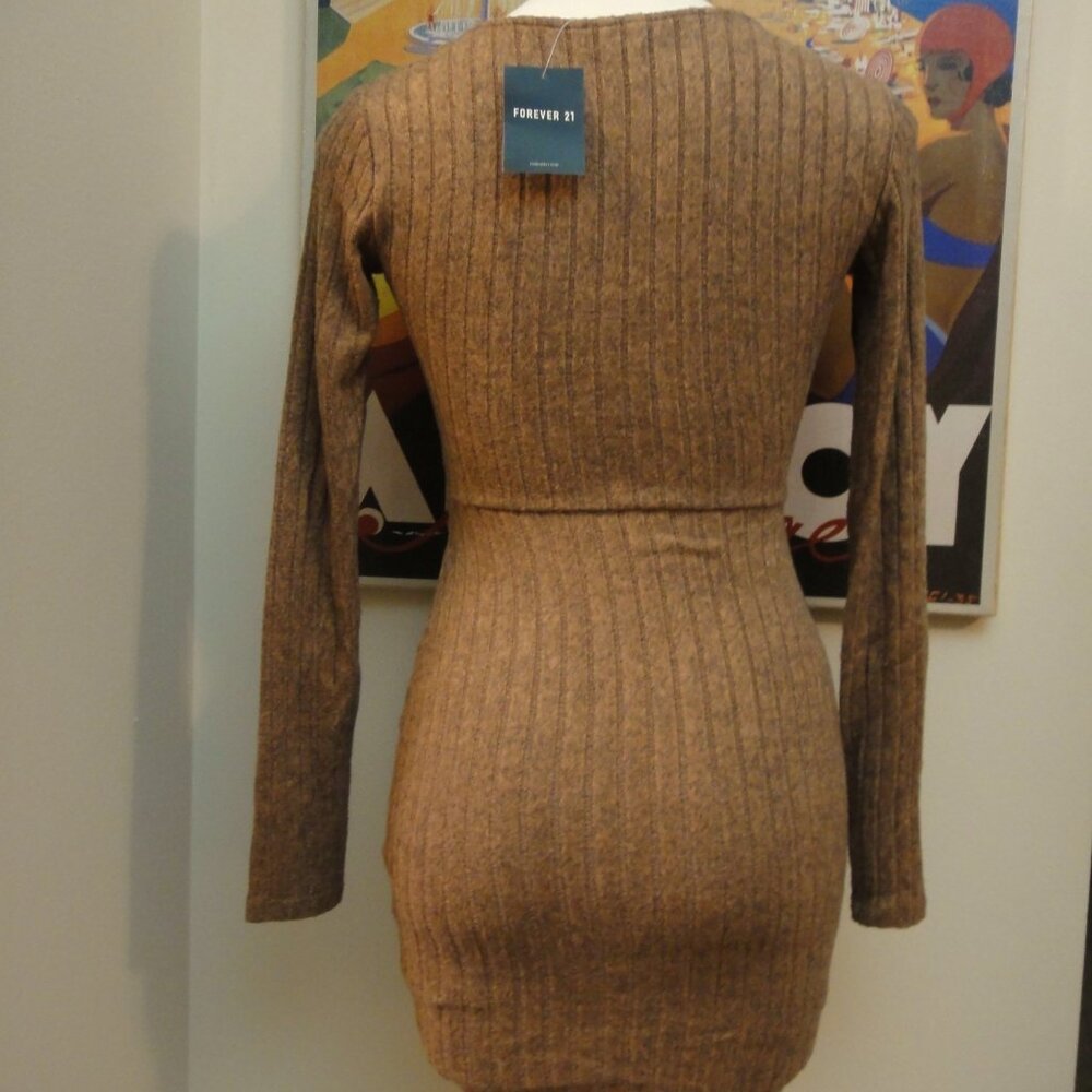 FOREVER 21 Cable Knit Faux Wrap Dress sz S Camel Brown NWT - Picture 7 of 12